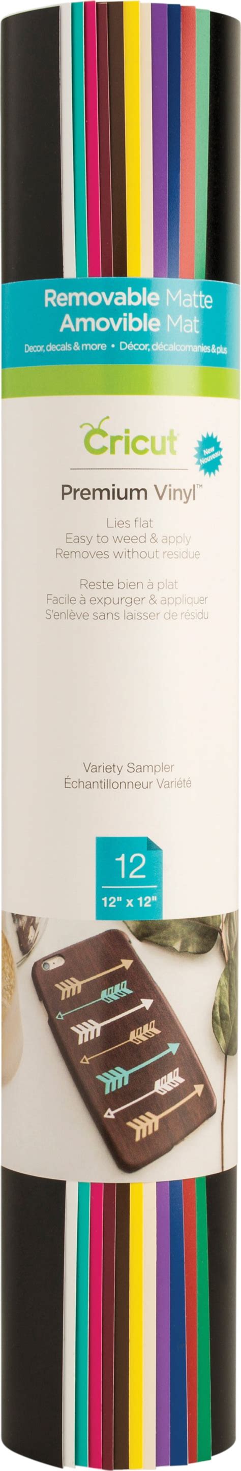 Cricut Premium Vinyl Variety Vl Pk (20); 20 sheets 12" x 12" (30.5 cm x 30.5 cm) in Black, White, Teal, Fuchsia, Gold, Silver, Coffee, Cream, Vivid Blue, Cardinal Red (2 sheets each); Removes without residue for up to 2 years; Lies flat so you can cut with ease and accuracy; Easy to weed, effortless to apply